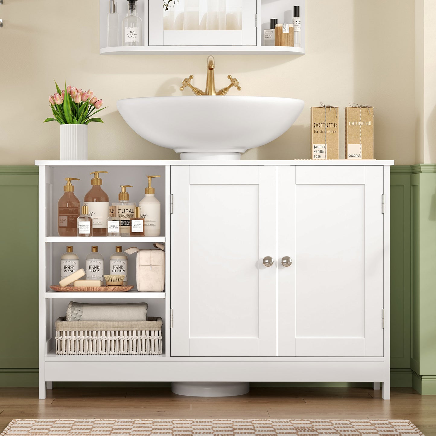 USIKEY Pedestal Sink Storage Cabinet with 2 Doors and 3 Open Shelves, Under Sink Cabinet, Bathroom Sink Cabinet with U-Shape, White