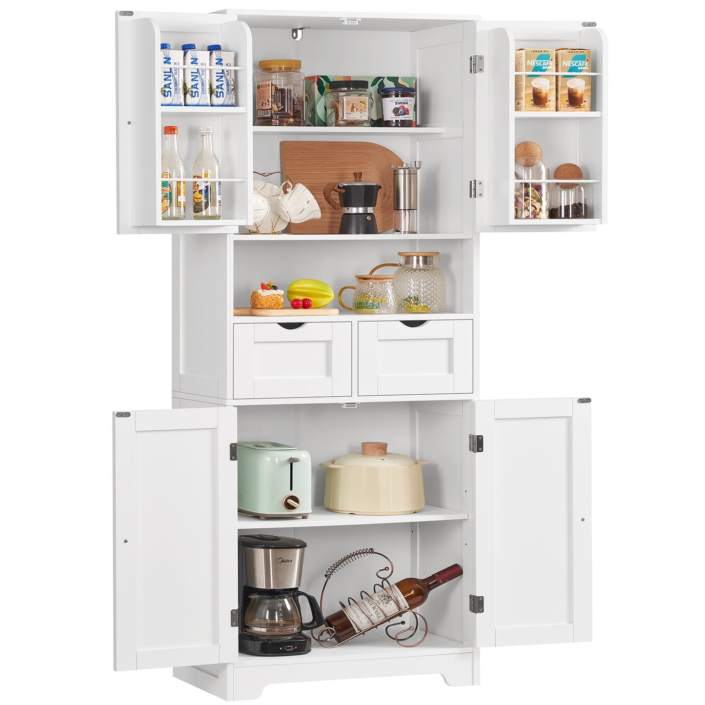 Usikey Kitchen Pantry Cabinet with Adjustable Shelf, Tall Storage Cabinet with 2 Drawers & 4 Door Shelves, Pantry Cabinets for Dining Room, White