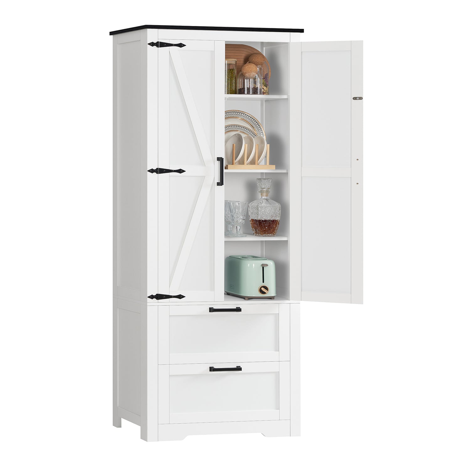 USIKEY 66.2" H Storage Cabinet with 2 Drawers, Farmhouse Kitchen Pantry Cabinet with 2 Doors & Adjustable Shelf, for Living Room, Kitchen, White