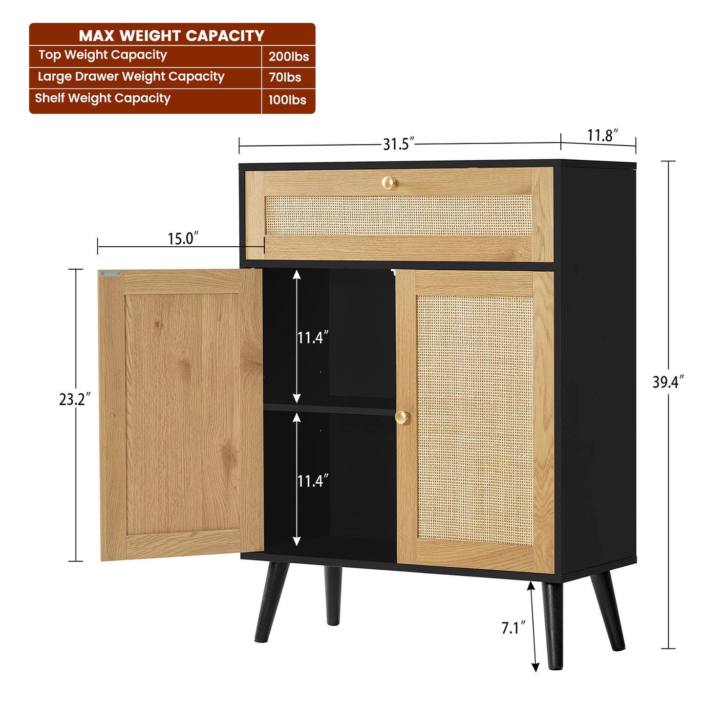 Storage Cabinet with Adjustable Shelf, Rattan Cabinet with Large Drawer, Accent Cabinet for Dining Room, Living Room, Entryway