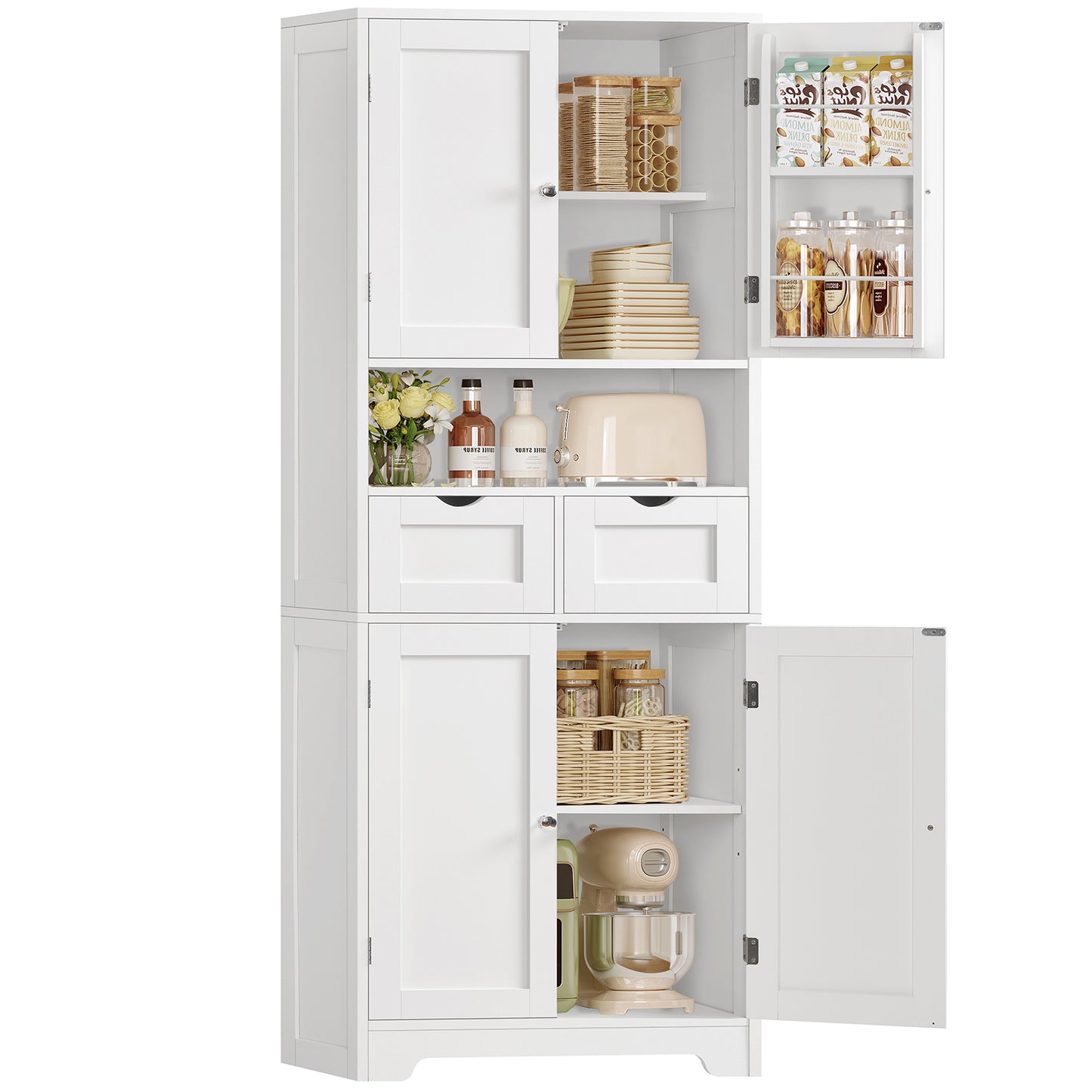 Usikey Kitchen Pantry Cabinet with Adjustable Shelf, Tall Storage Cabinet with 2 Drawers & 4 Door Shelves, Pantry Cabinets for Dining Room, White