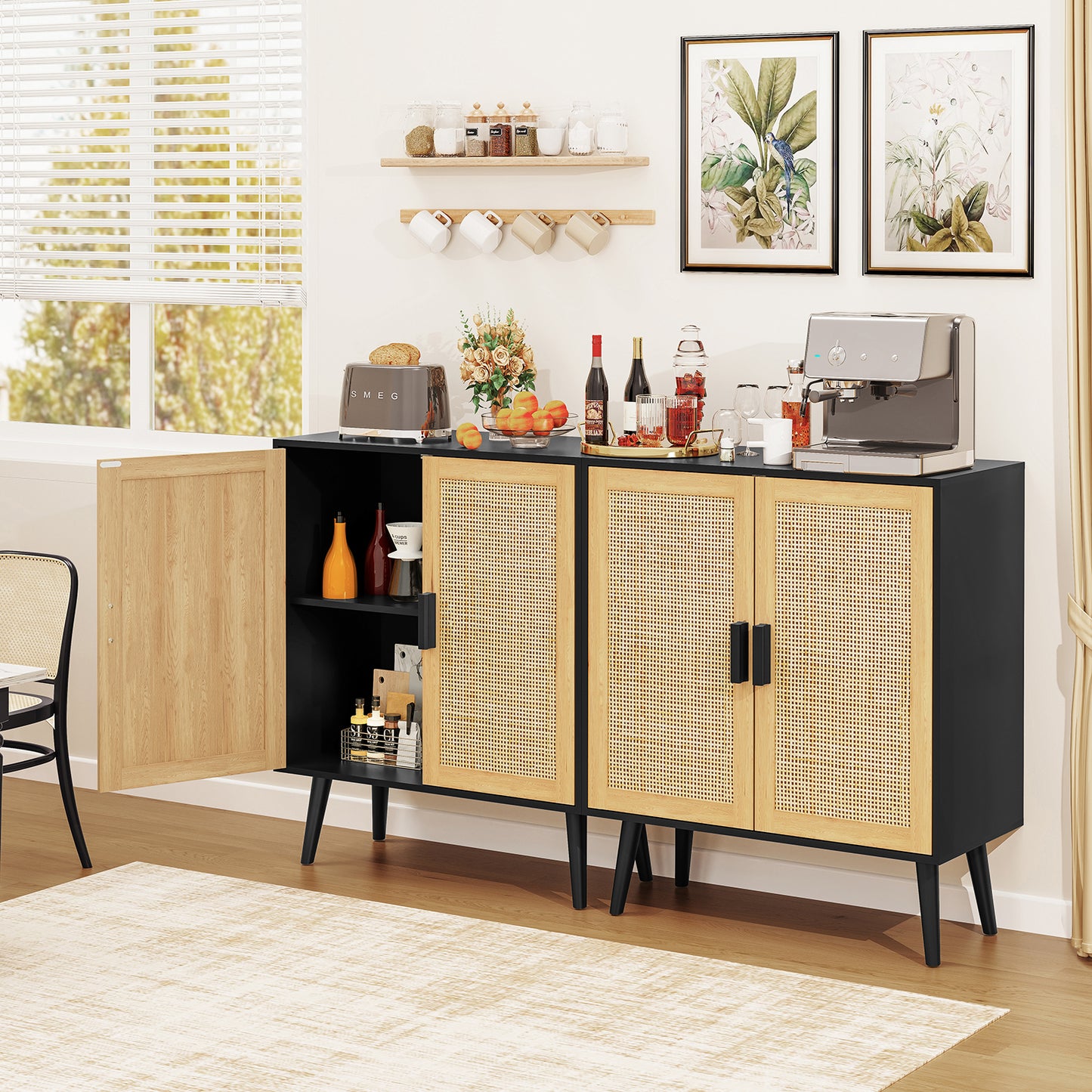 Storage Cabinet with Adjustable Shelf, Rattan Cabinet with Doors, Sideboard Buffet Cabinet with Storage, Accent Cabinet for Living Room, Entryway, Natural+ Black