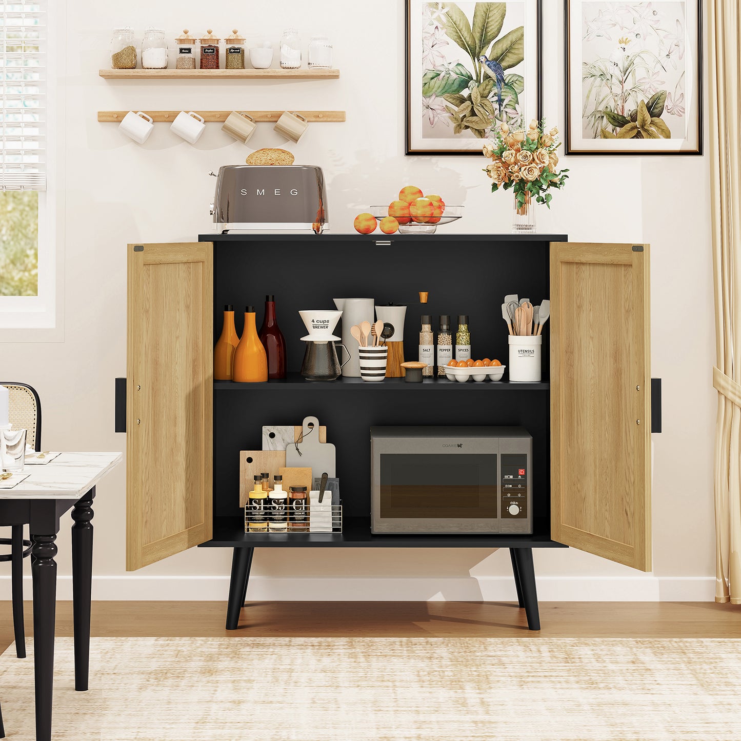 Storage Cabinet with Adjustable Shelf, Rattan Cabinet with Doors, Sideboard Buffet Cabinet with Storage, Accent Cabinet for Living Room, Entryway, Natural+ Black