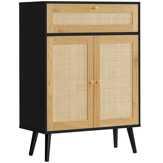 Storage Cabinet with Adjustable Shelf, Rattan Cabinet with Large Drawer, Accent Cabinet for Dining Room, Living Room, Entryway