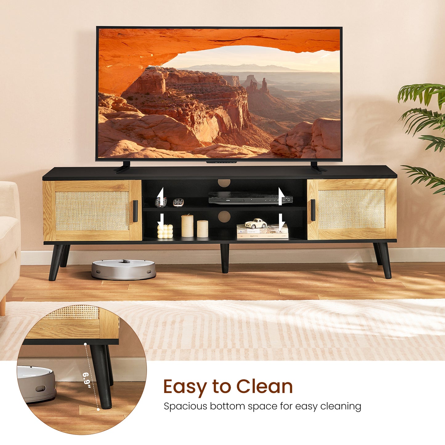 Rattan TV Stand for 70 inch TV, Entertainment Center with Adjustable Shelf & 2 Cabinets, TV Stands for Living Room, Bedroom, Natural + Black