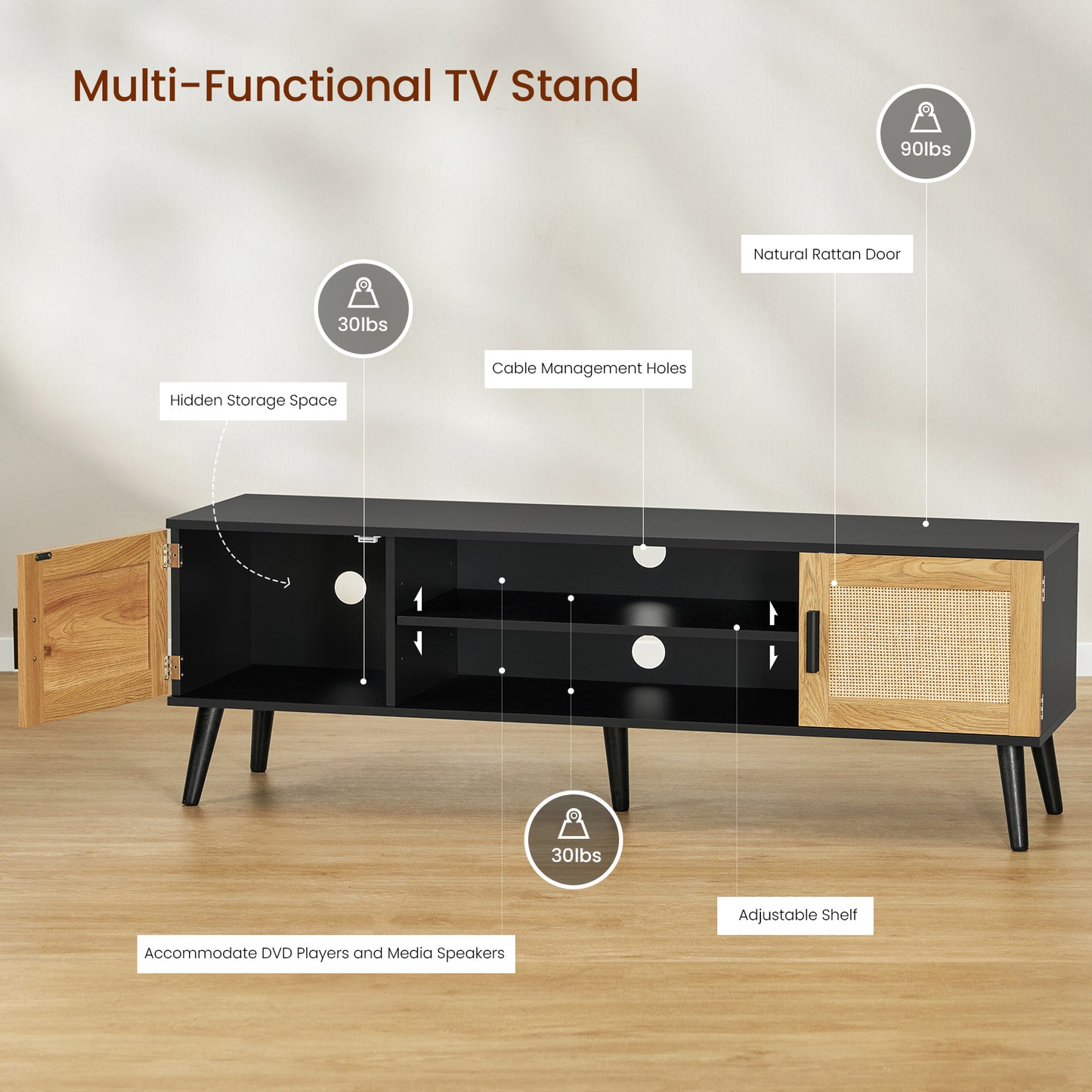 Rattan TV Stand for 70 inch TV, Entertainment Center with Adjustable Shelf & 2 Cabinets, TV Stands for Living Room, Bedroom, Natural + Black