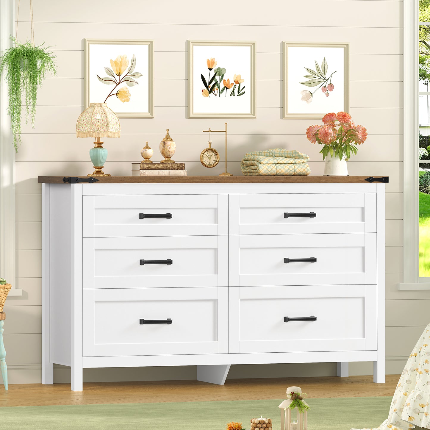 USIKEY Farmhouse 6 Drawer Dresser for Bedroom, 47.2'' Wide Wood Chest of Drawers , Dresser for Closet, Bedroom Dresser for Living Room, White