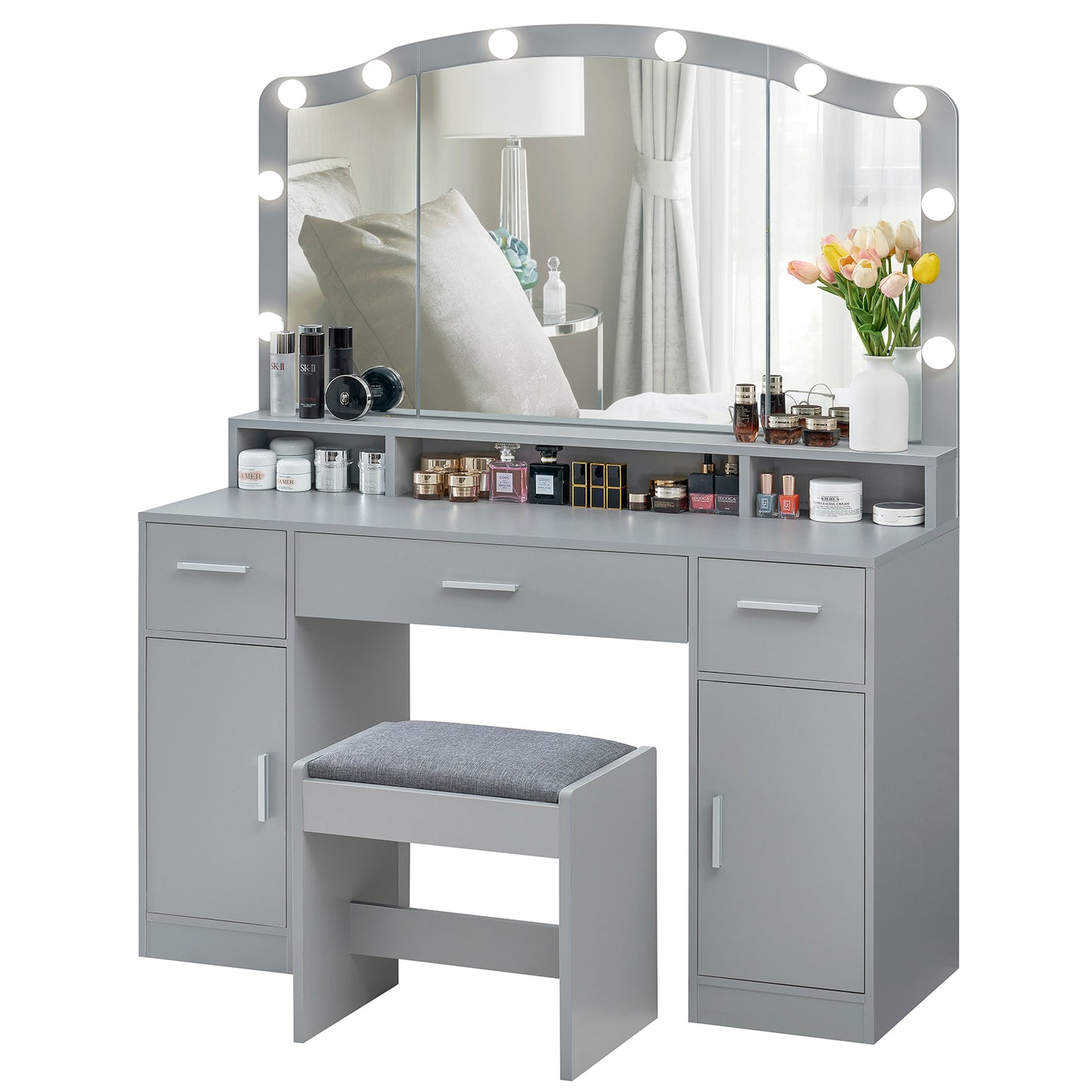 usikey Large Vanity Set with Large Lighted Mirror, Modern Makeup Vanity Table with 3 Drawers, 2 Storage Cabinets & 10 LED Bulbs, Dressing Table with Cushioned Stool for Women, Bedroom, Grey