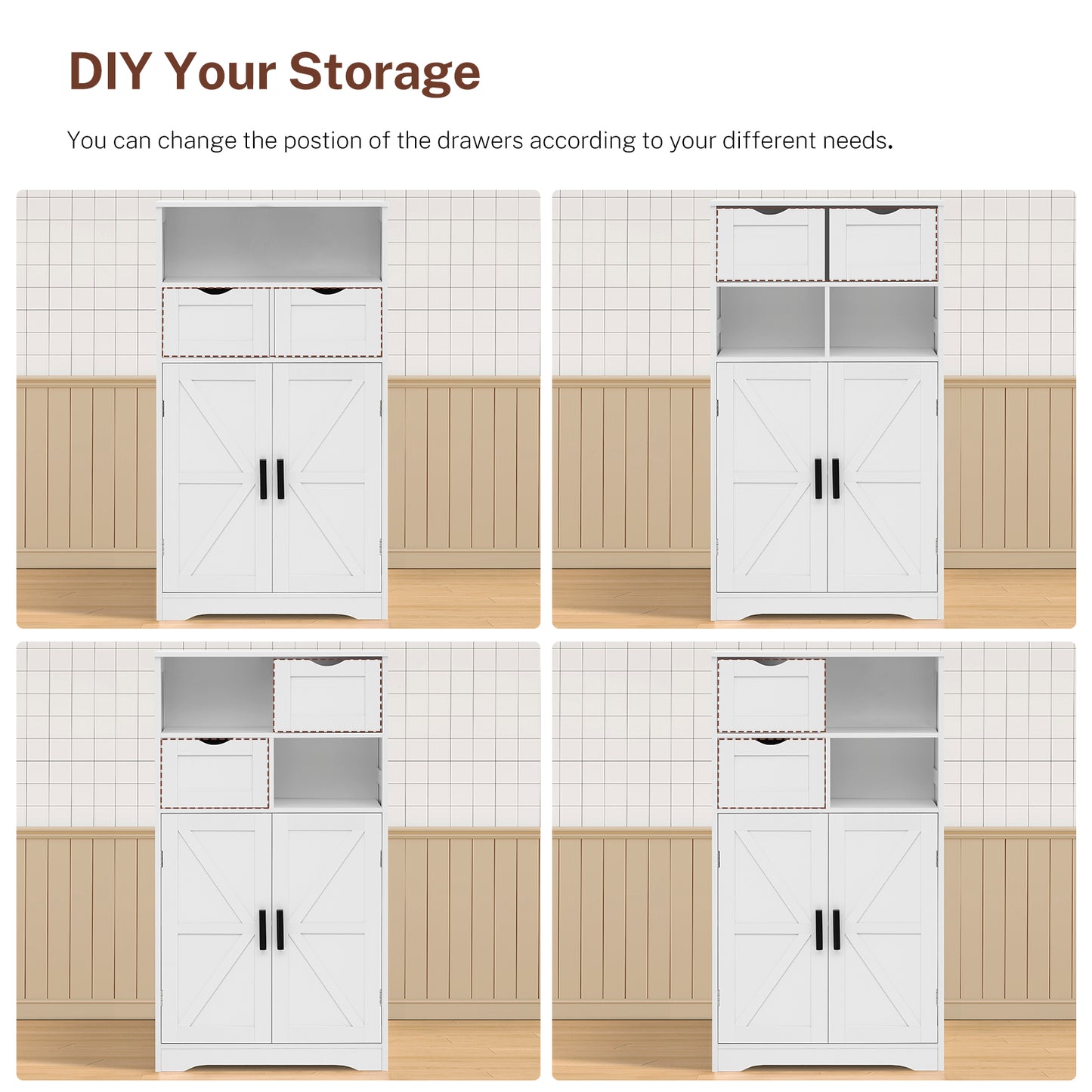 USIKEY Farmhouse Storage Cabinets, Kitchen Storage Cabinet with 2 Adjustable Drawers & Shelf, Floor Cabinet, for Living Room, Home Office, Kitchen