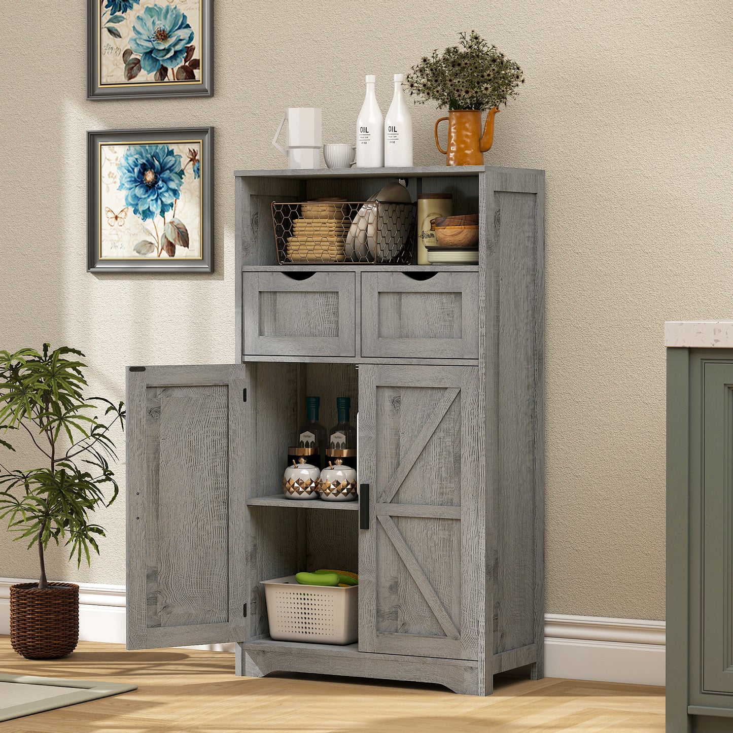 Bathroom Cabinet, Storage Cabinet with 2 Adjustable Drawers & 2 Barn Doors, Standing Cupboard with 2 Shelf, Floor Cabinet for Living Room, Home Office, Kitchen