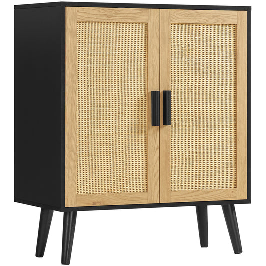 Storage Cabinet with Adjustable Shelf, Rattan Cabinet with Doors, Sideboard Buffet Cabinet with Storage, Accent Cabinet for Living Room, Entryway, Natural+ Black