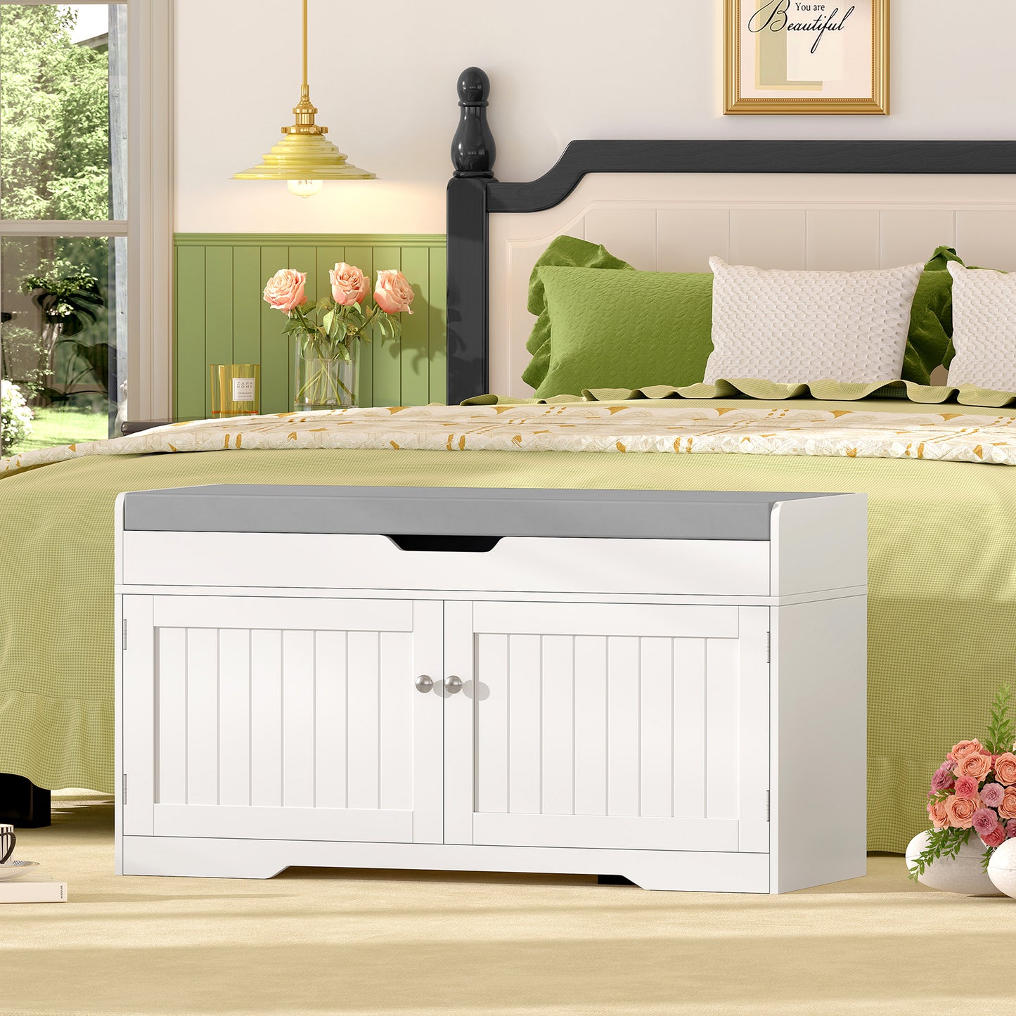 usikey Shoe Bench with Lift Top Storage, Storage Bench with Padded Seat Cushion, Entryway Bench with 2 Adjustable Shelves, for Entryway, Living Room, Bedroom