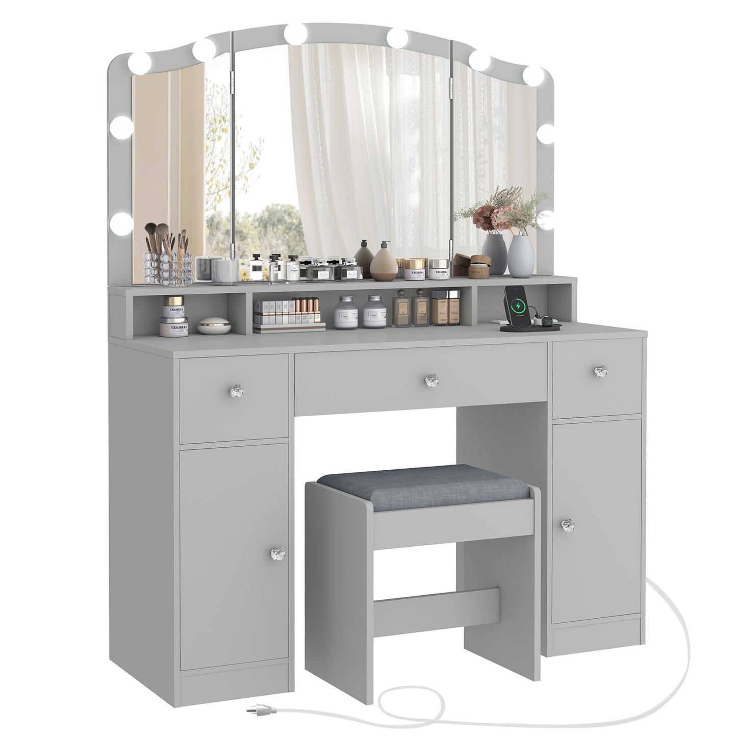 Vanity Desk with Triple Folding Mirror, Makeup Vanity with Power Outlet, Vanity Desk with 10 Lights, 3 Drawers & 2 Cabinets, Makeup Vanity Table with Soft Cushioned Stool for Women, Bedroom, White