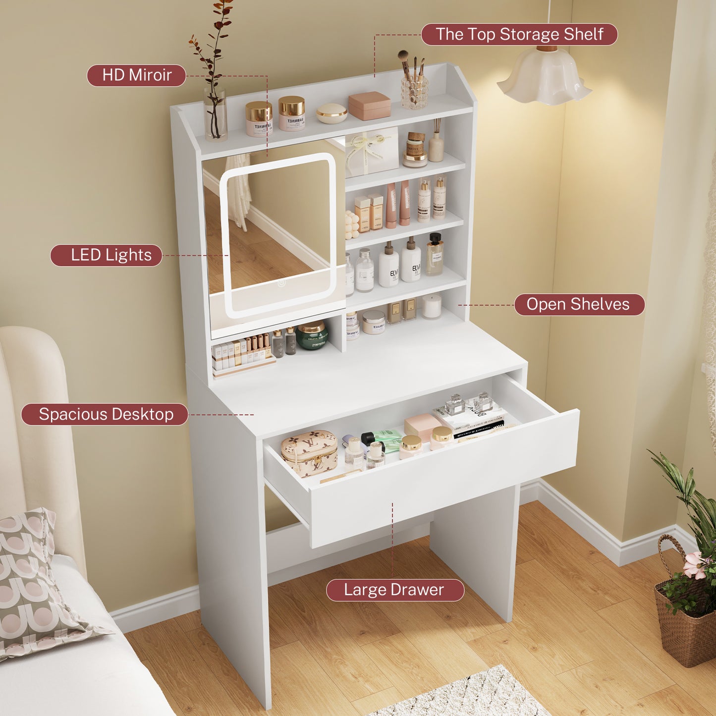 USIKEY Small Vanity Desk with Lighted Sliding Mirror, 3 Lighting Modes, Makeup Vanity Table with Storage Drawer and Hidden Storage Shelves