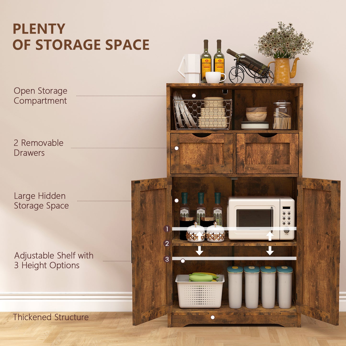 USIKEY Farmhouse Storage Cabinets, Kitchen Storage Cabinet with 2 Adjustable Drawers & Shelf, Floor Cabinet, for Living Room, Home Office, Kitchen
