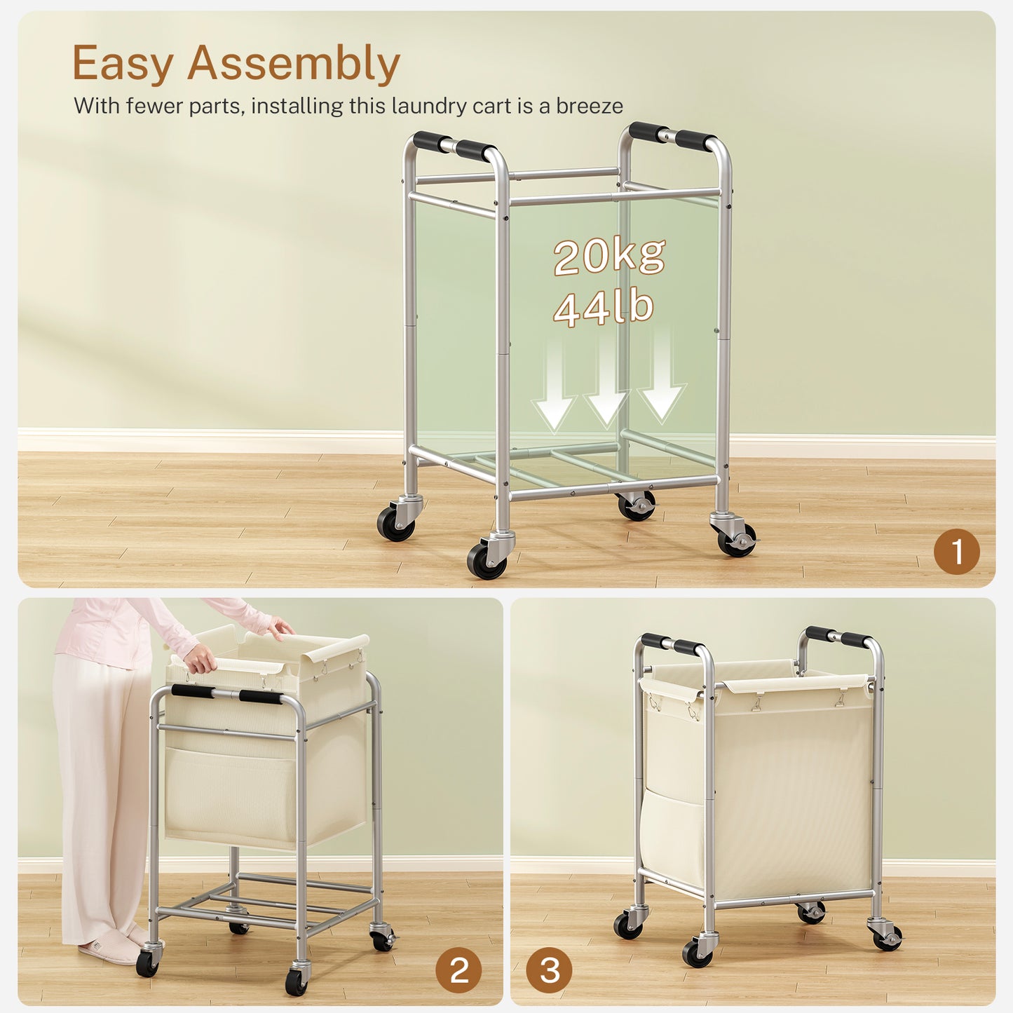 USIKEY Laundry Basket with Wheels, Rolling Laundry Sorter Cart with Side pockets,47.6GAL(180L) Rolling Laundry Hamper with Removable Bag, Beige