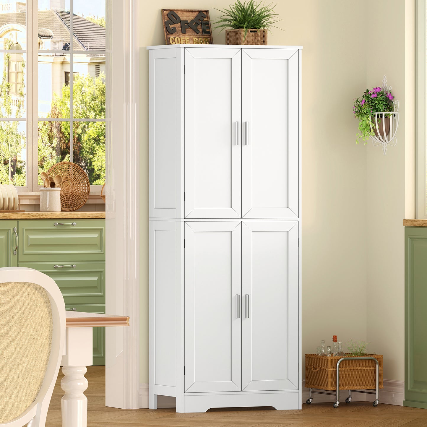 USIKEY 67” Storage Cabinet, Kitchen Pantry Cabinet with 4 Doors and Adjustable Shelves, Cupboard, Tall Bathroom Cabinets for Living Room, White