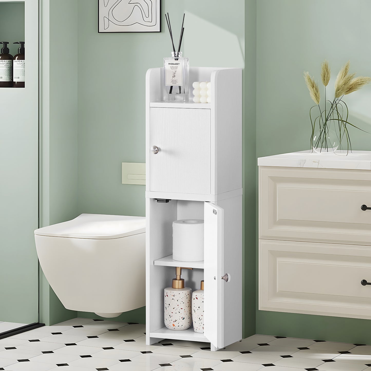 USIKEY Bathroom Storage Cabinet, Narrow Cabinet with Doors and Adjustable Shelves, Corner Bathroom Cabinet, Bathroom Storage for Small Spaces