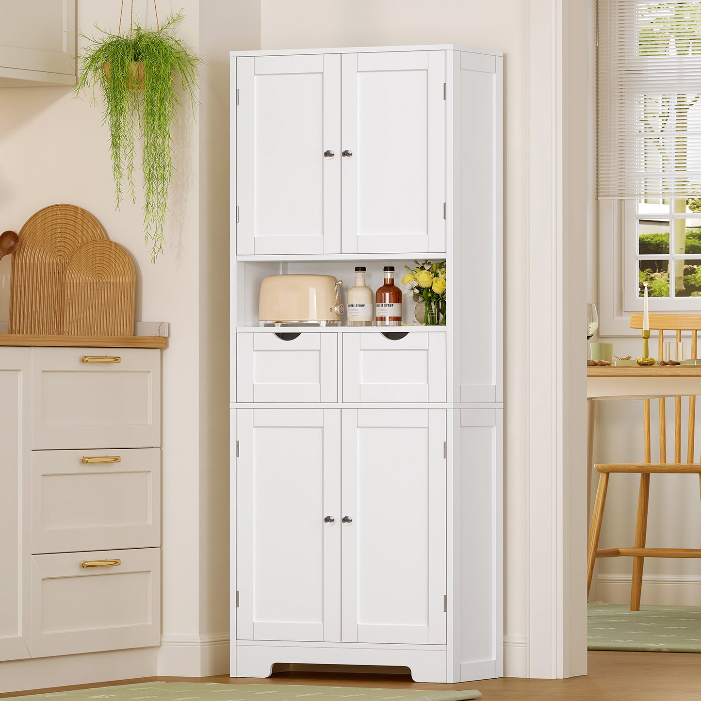 Usikey Kitchen Pantry Cabinet with Adjustable Shelf, Tall Storage Cabinet with 2 Drawers & 4 Door Shelves, Pantry Cabinets for Dining Room, White