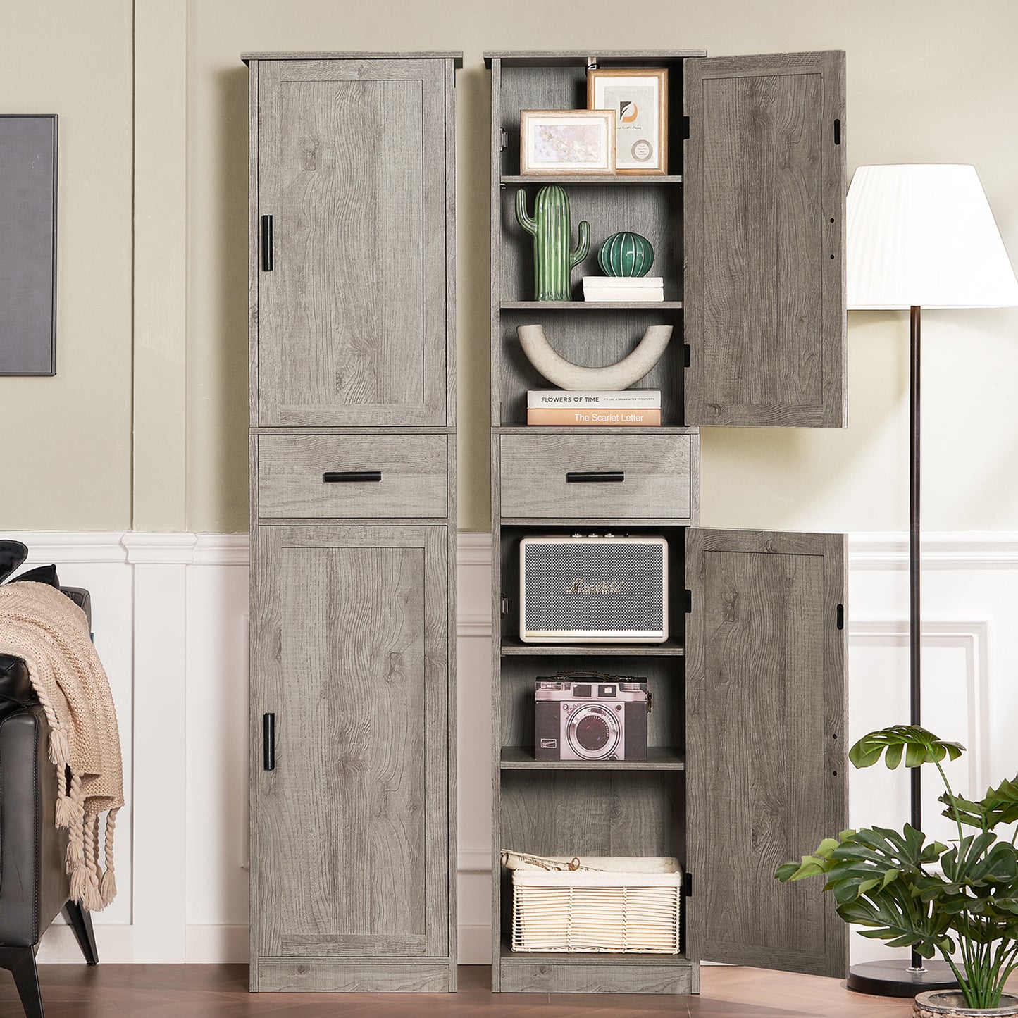 usikey 67“ Tall Bathroom Cabinet, Storage Cabinet with 4 Shelves & 2 Doors, Narrow Storage Cabinet for Bathroom, Living Room, Home Office, Grey