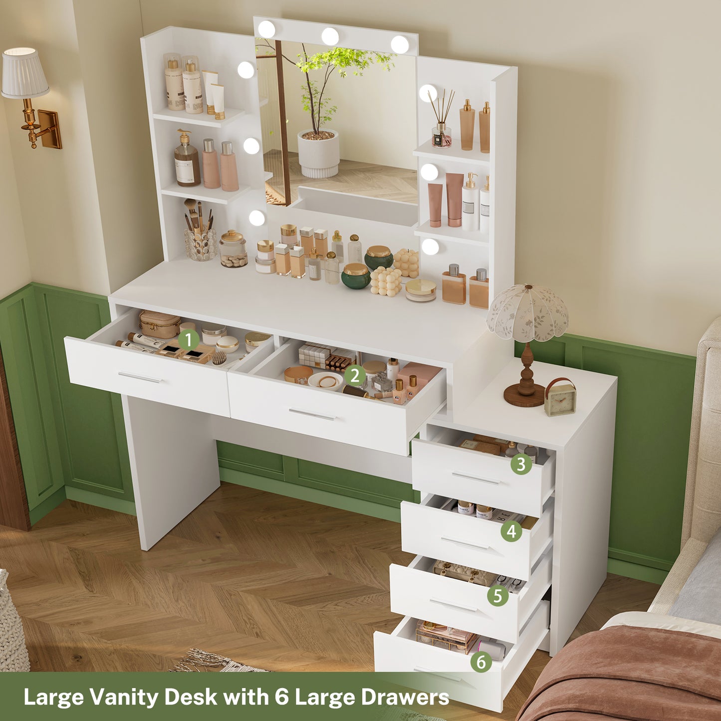 Usikey Large Vanity Desk with Mirror & Lights, Makeup Vanity Table with 6 Drawers, 4 Open Storage Shelves, Vanity Desk Set with Stool, White