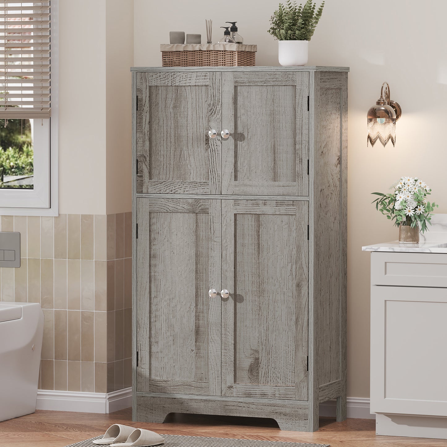 USIKEY Storage Cabinet, Bathroom Cabinet with 4 Doors & Adjustable Shelf, Bathroom Floor Cabinet for Living Room, Entryway, Home Office