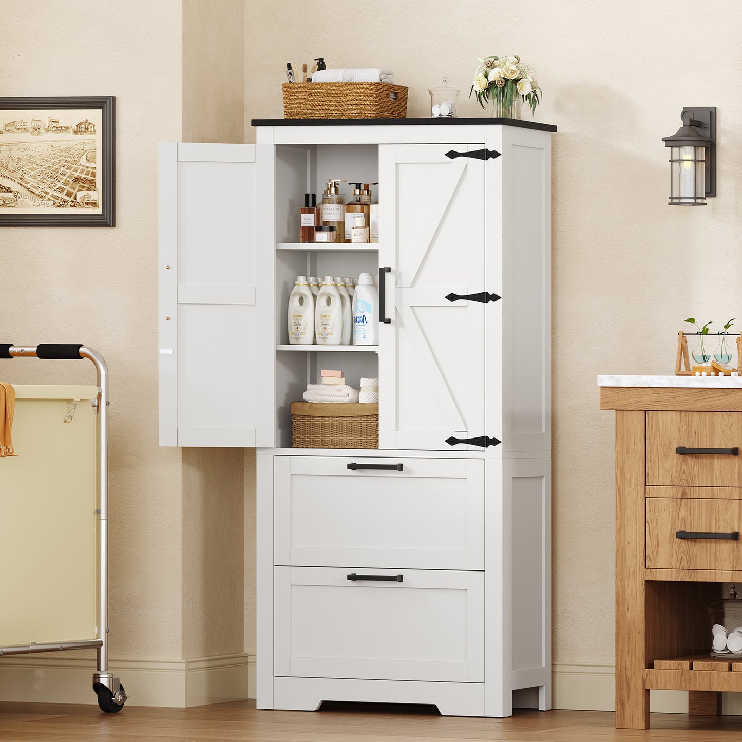 USIKEY 50.4" H Farmhouse Storage Cabinet, Bathroom Storage Cabinet with with 2 Doors & Drawers and Adjustable Shelf, for Bathroom, Living Room, White