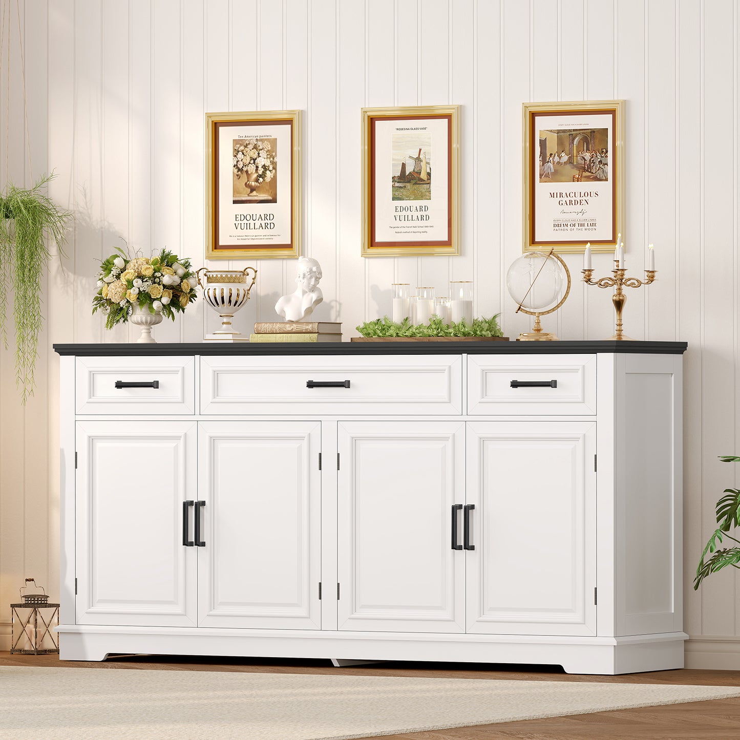 usikey 63” Large Buffet Cabinet with 4 Doors and 3 Drawers, Buffet Sideboard Cabinet with Storage and 2 Adjustable Shelves, Coffee Bar, Wine Bar for Living Room, White