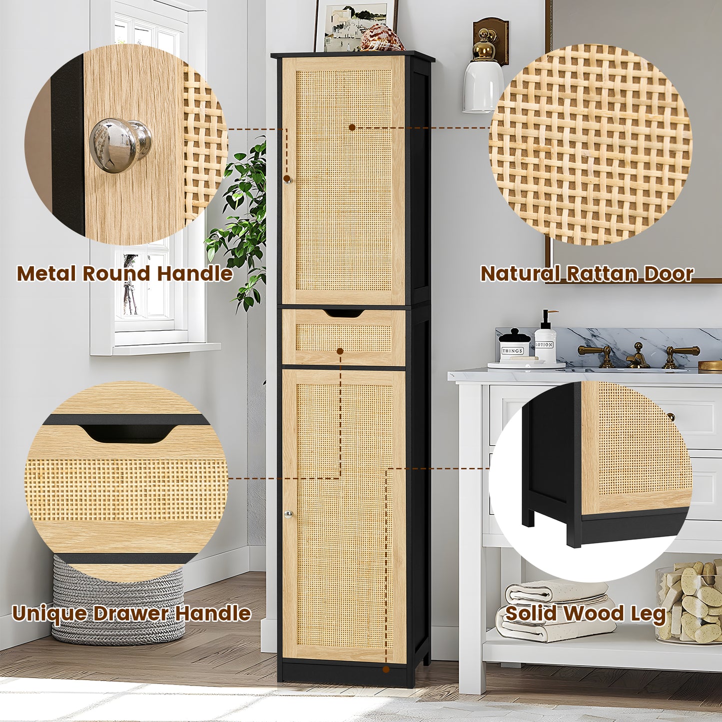 usikey Tall Bathroom Cabinet with Doors, Rattan Storage Cabinet with Adjustable Shelves, Freestanding Narrow Linen Cabinet for Living Room, Entryway, Kitchen, Home Office, Natural