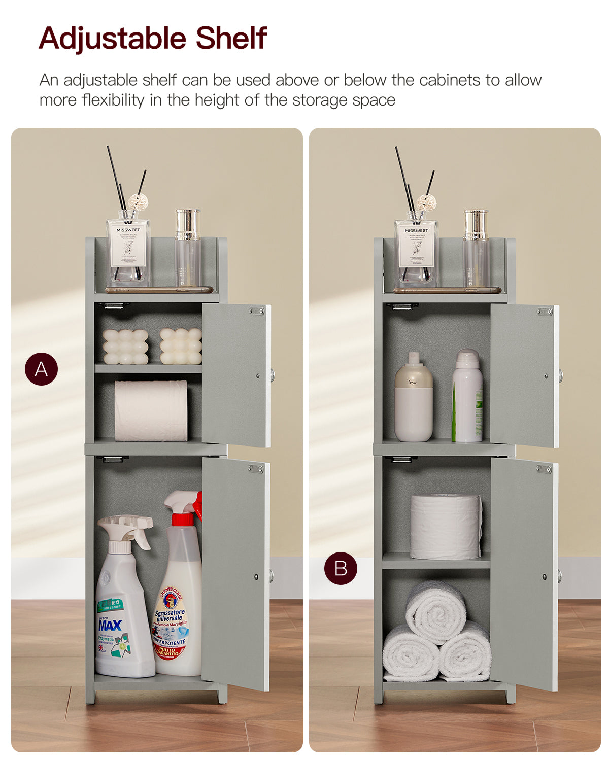 Bathroom Storage Cabinet, Narrow Cabinet with Doors and Adjustable Shelves, Corner Bathroom Cabinet, Bathroom Storage for Small Spaces