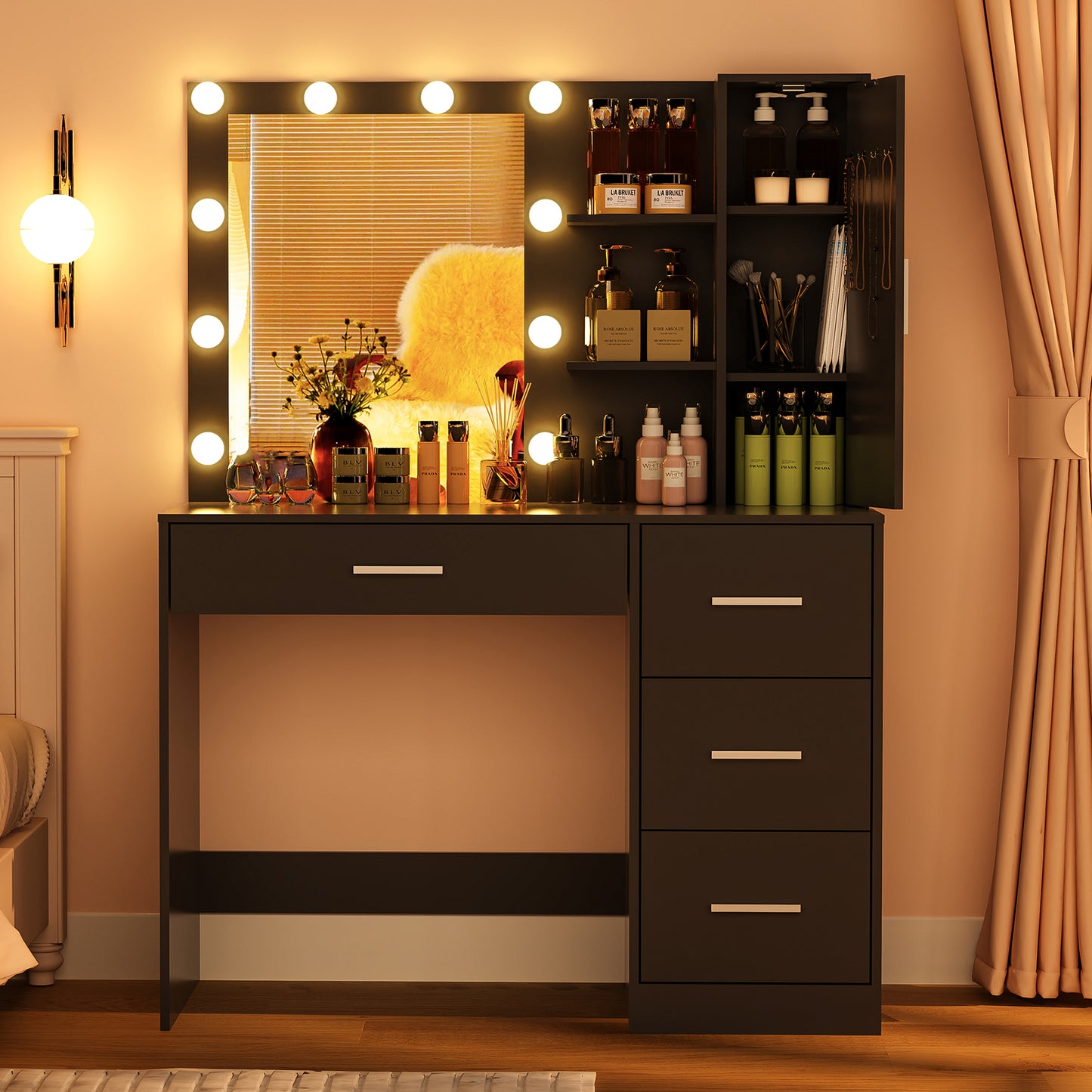 usikey Makeup Vanity with Lights, Vanity Desk with Mirror and 10 LED Lights, Vanity Table Set with 4 Drawers, Cabinet & 4 Necklace Hooks, Dressing Table for Bedroom, White