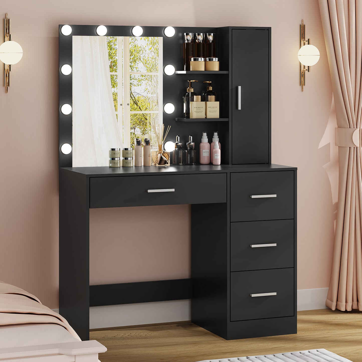 usikey Makeup Vanity with Lights, Vanity Desk with Mirror and 10 LED Lights, Vanity Table Set with 4 Drawers, Cabinet & 4 Necklace Hooks, Dressing Table for Bedroom, White