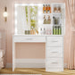 usikey Makeup Vanity with Lights, Vanity Desk with Mirror and 10 LED Lights, Vanity Table Set with 4 Drawers, Cabinet & 4 Necklace Hooks, Dressing Table for Bedroom, White