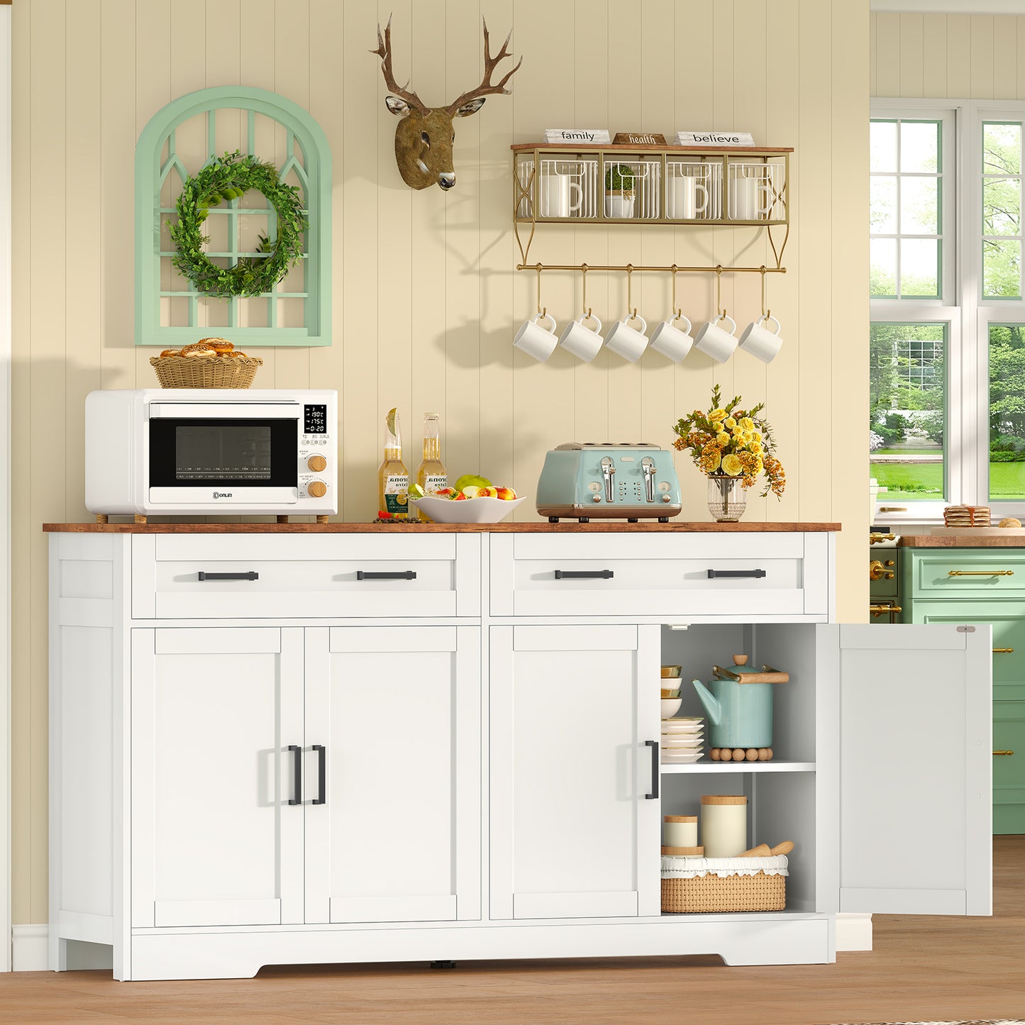 usikey Buffet Cabinet with Storage and Drawers, 55" Large Sideboard Buffet Cabinet with Adjustable Shelves and Doors, Modern Coffee Bar for Kitchen, Living Room, White