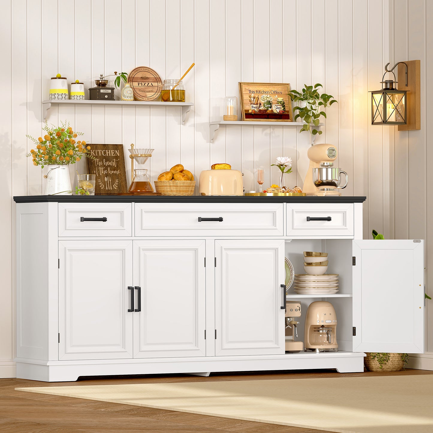 usikey 63” Large Buffet Cabinet with 4 Doors and 3 Drawers, Buffet Sideboard Cabinet with Storage and 2 Adjustable Shelves, Coffee Bar, Wine Bar for Living Room, White