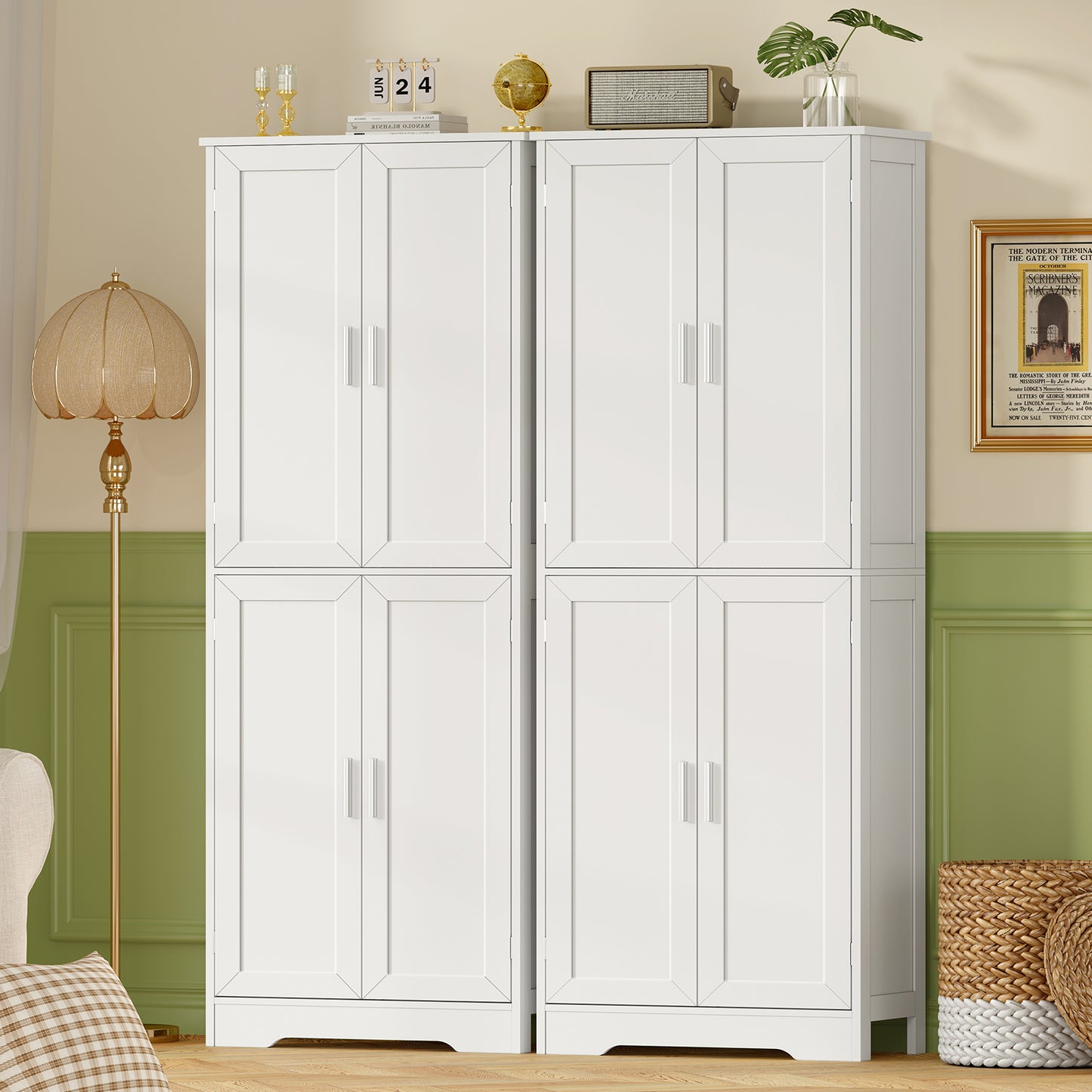 USIKEY 67” Storage Cabinet, Kitchen Pantry Cabinet with 4 Doors and Adjustable Shelves, Cupboard, Tall Bathroom Cabinets for Living Room, White