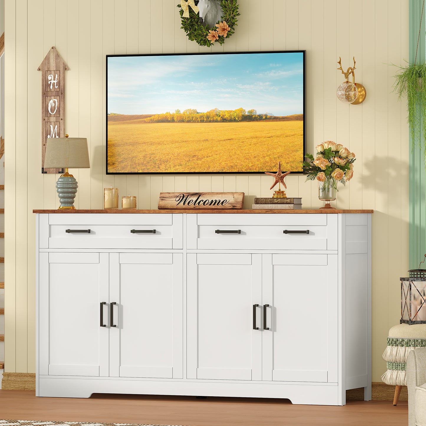 USIKEY 55" Large Sideboard Buffet Cabinet with 4 Doors  and 2 Drawers, Modern Coffee Bar with Adjustable Shelves for Kitchen, Dining Room, White