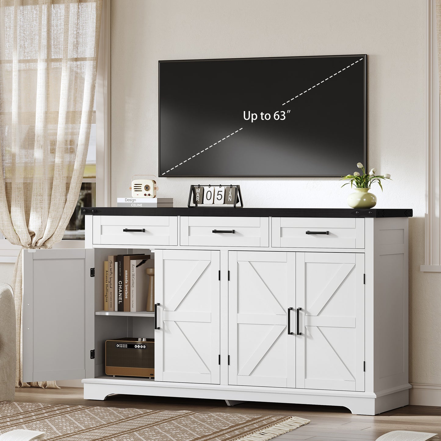 USIKEY 55" Buffet Cabinet With Storage, Large Sideboard Buffet Storage Cabinet With 3 Drawers, Farmhouse Coffee Bar Cabinet, For Kitchen, Living Room