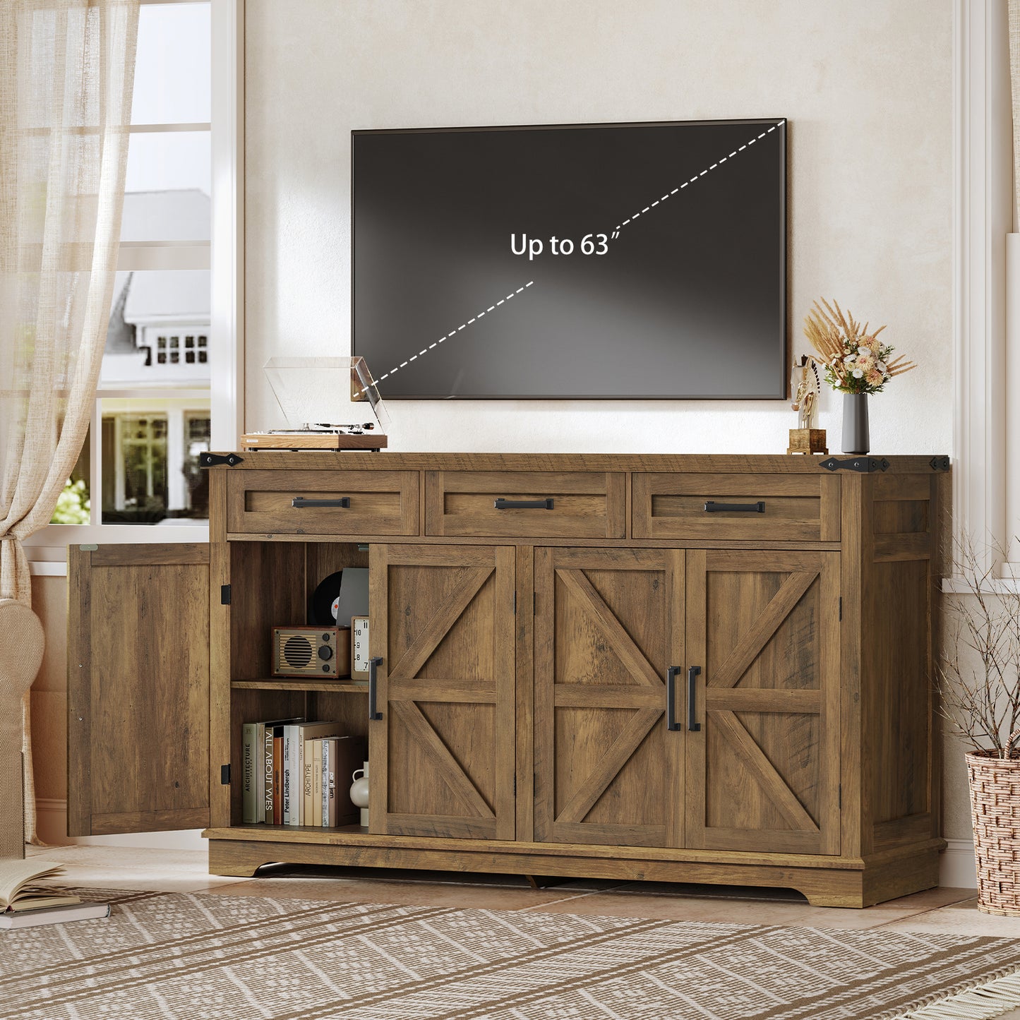 USIKEY 55" Buffet Cabinet With Storage, Large Sideboard Buffet Storage Cabinet With 3 Drawers, Farmhouse Coffee Bar Cabinet, For Kitchen, Living Room