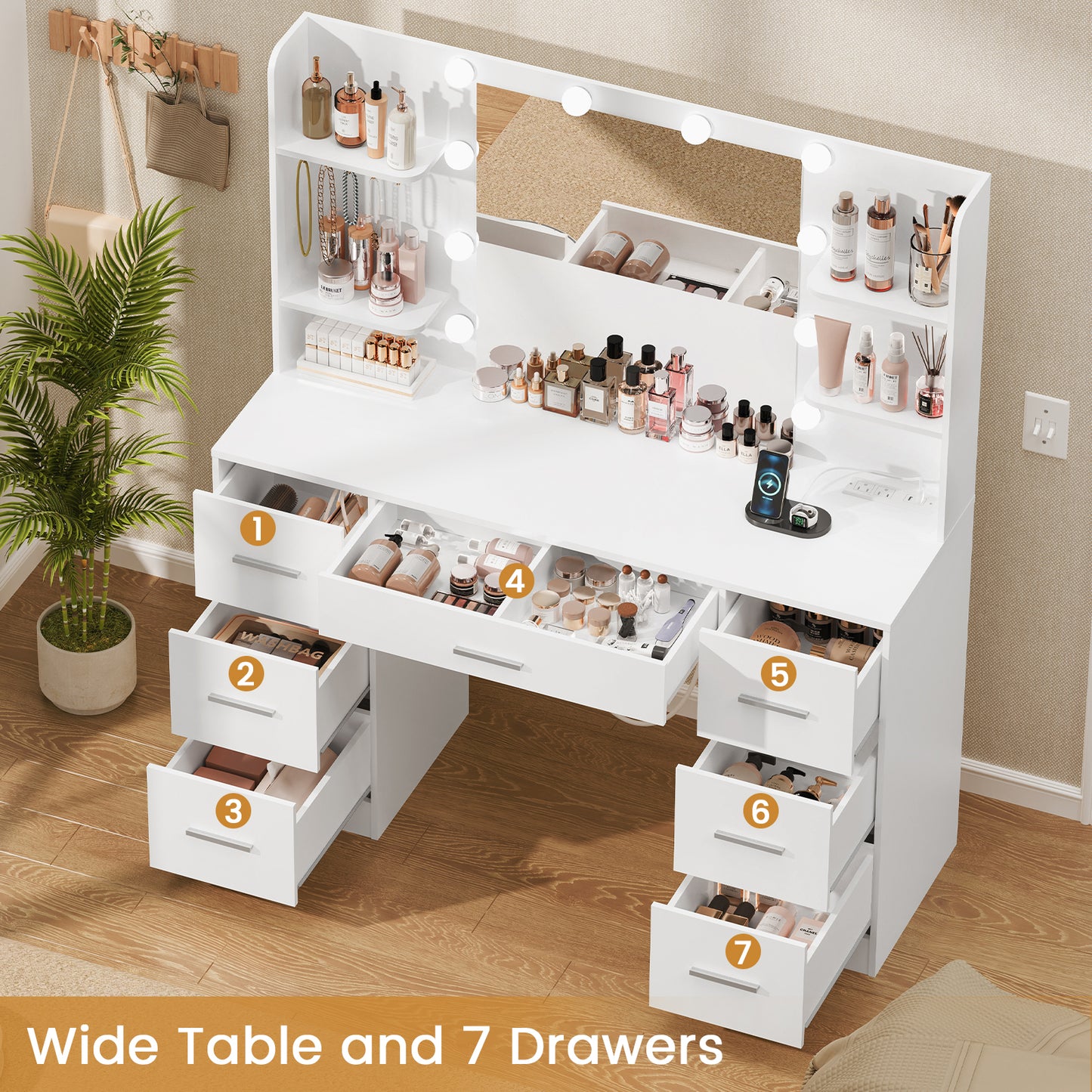 Large Vanity Desk with LED Lighted Mirror & Power Outlet,Makeup Vanity Table with 7 Drawers,4 Shelves and 5 Hooks,Vanity Table, Vanity Desk Set for Bedroom,Bathroom,White