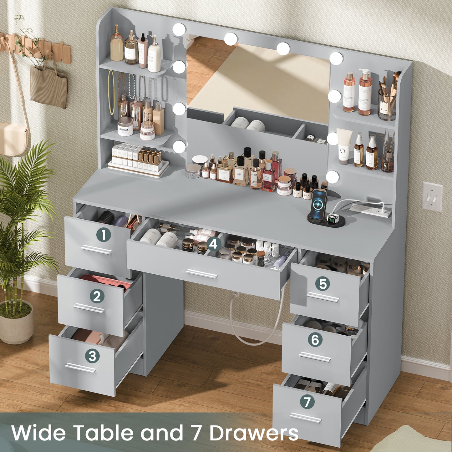 Large Vanity Desk with LED Lighted Mirror & Power Outlet,Makeup Vanity Table with 7 Drawers,4 Shelves and 5 Hooks,Vanity Table, Vanity Desk Set for Bedroom,Bathroom,White