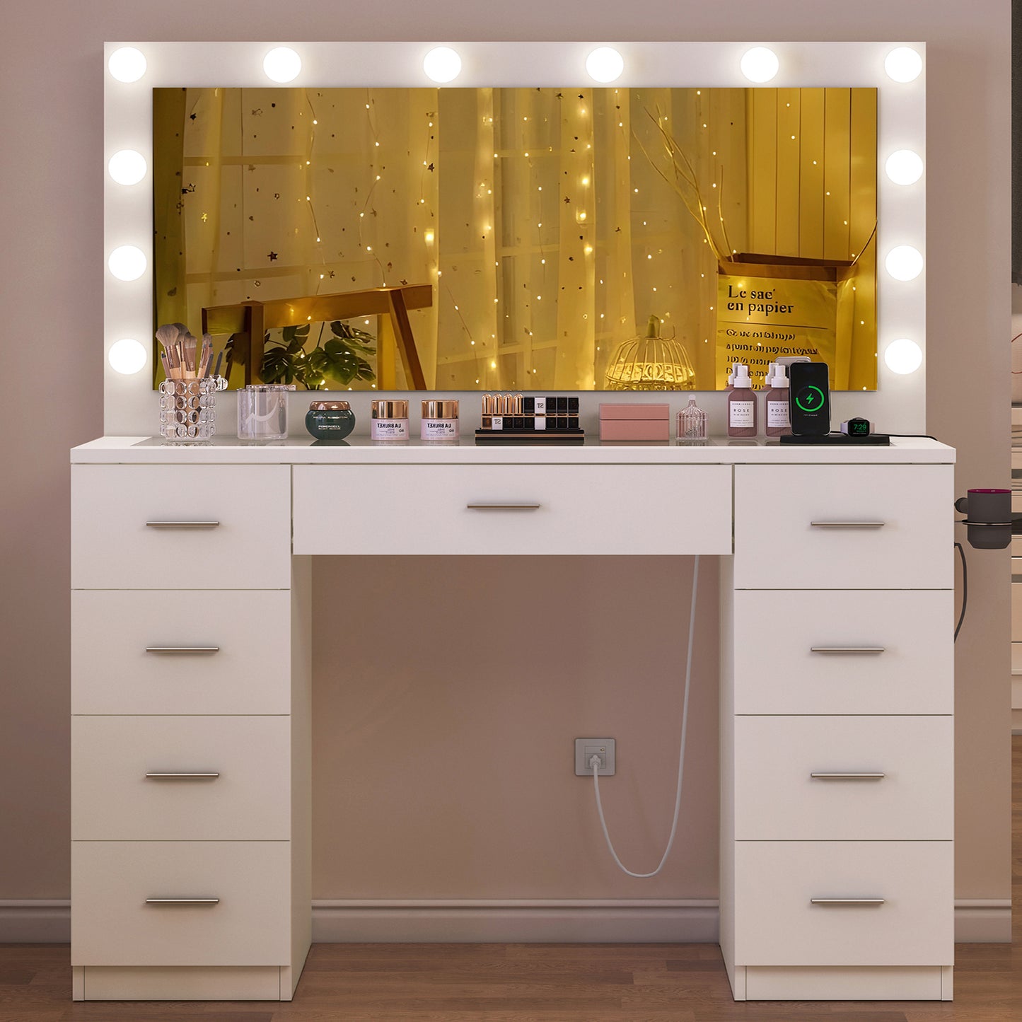 Usikey Vanity Desk with Large Lighted Mirror and Outlet, 46" Makeup Vanity with 9 Drawers and Glass Desktop, Vanity Table with 12 LED Lights, White