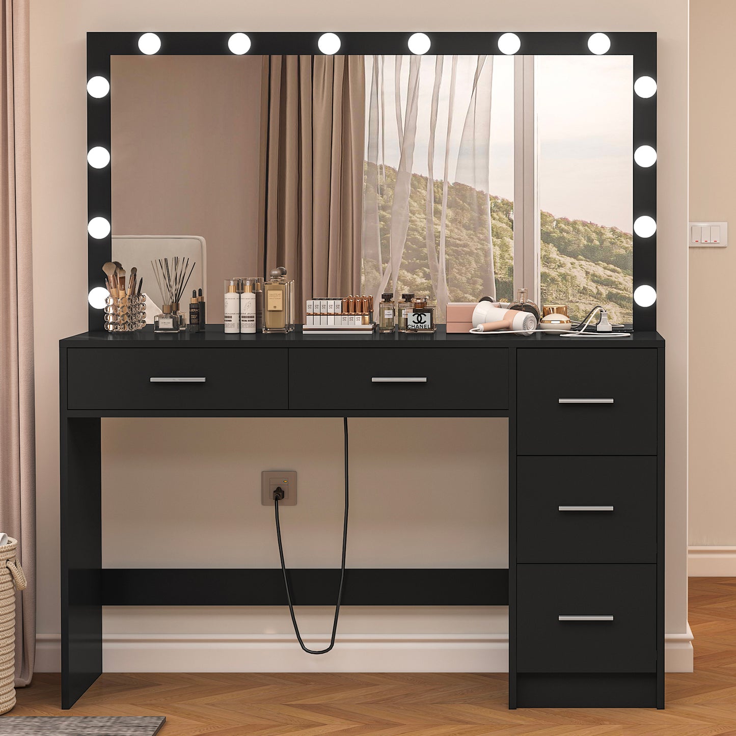 usikey 47.2" Large Vanity Desk with Lighted Mirror, 14 Lights, Makeup Vanity Table with 5 Large Drawers & Charging Station, Makeup Vanity Desk, Vanity Table Set for Bedroom, White