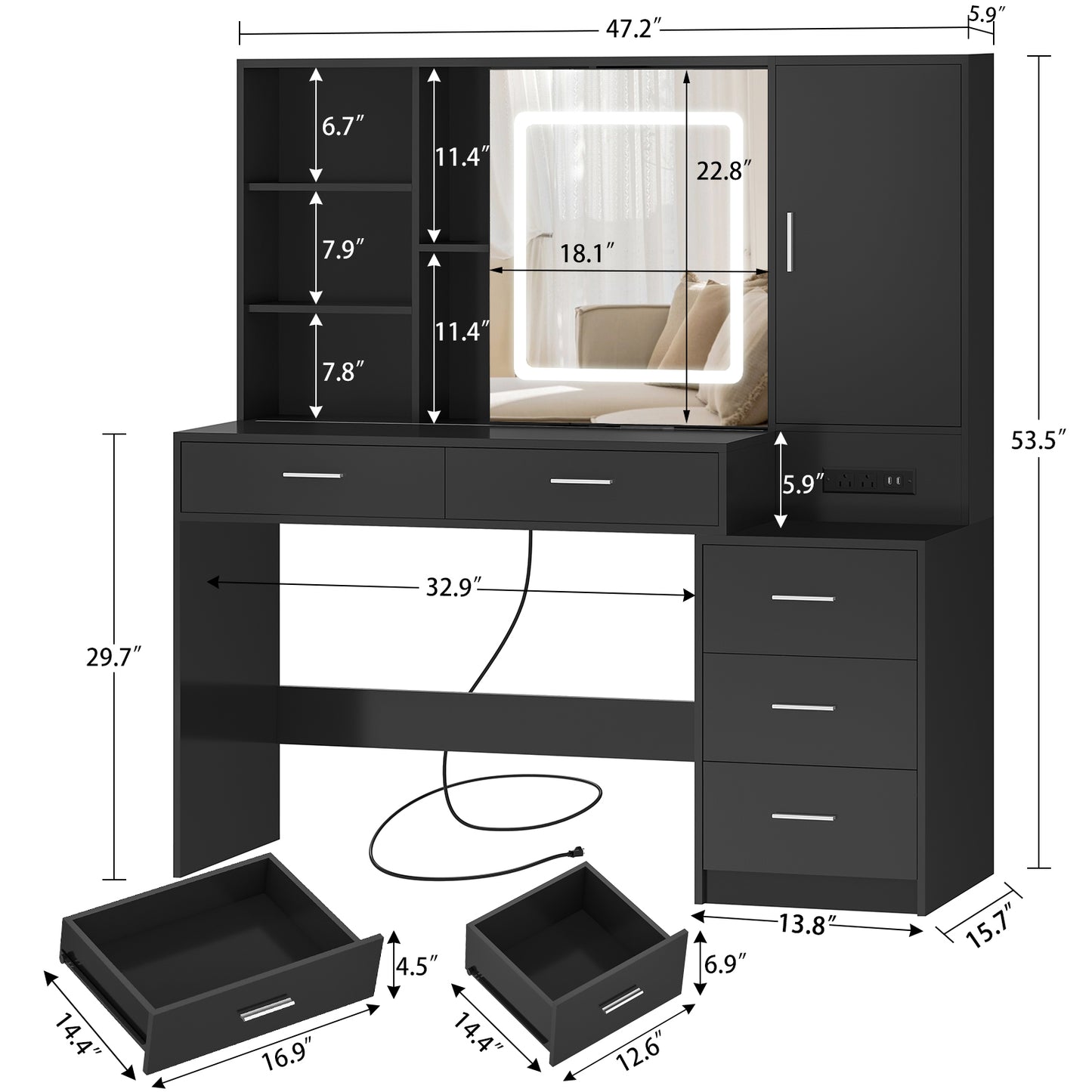 Vanity Desk with Lighted Mirror and Power Outlet, Makeup Vanity Desk with 5 Drawers and Cabinet, Hidden and Open Shelves, Black Vanity Table Set with 3 Color Lighting