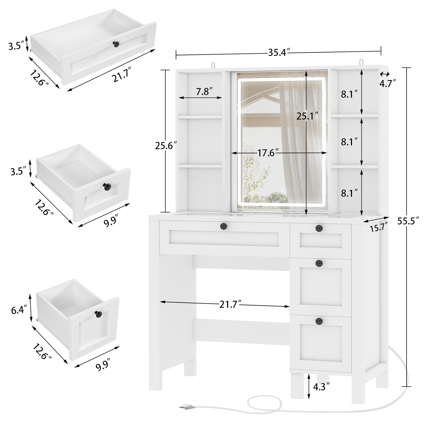 Vanity Desk, Makeup Vanity with Glass Tabletop & Power Outlet, Vanity Desk with Mirror and Lights, Makeup Vanity Desk with 4 Drawers & 6 Shelves, Vanity Set for Bedroom, Antique White