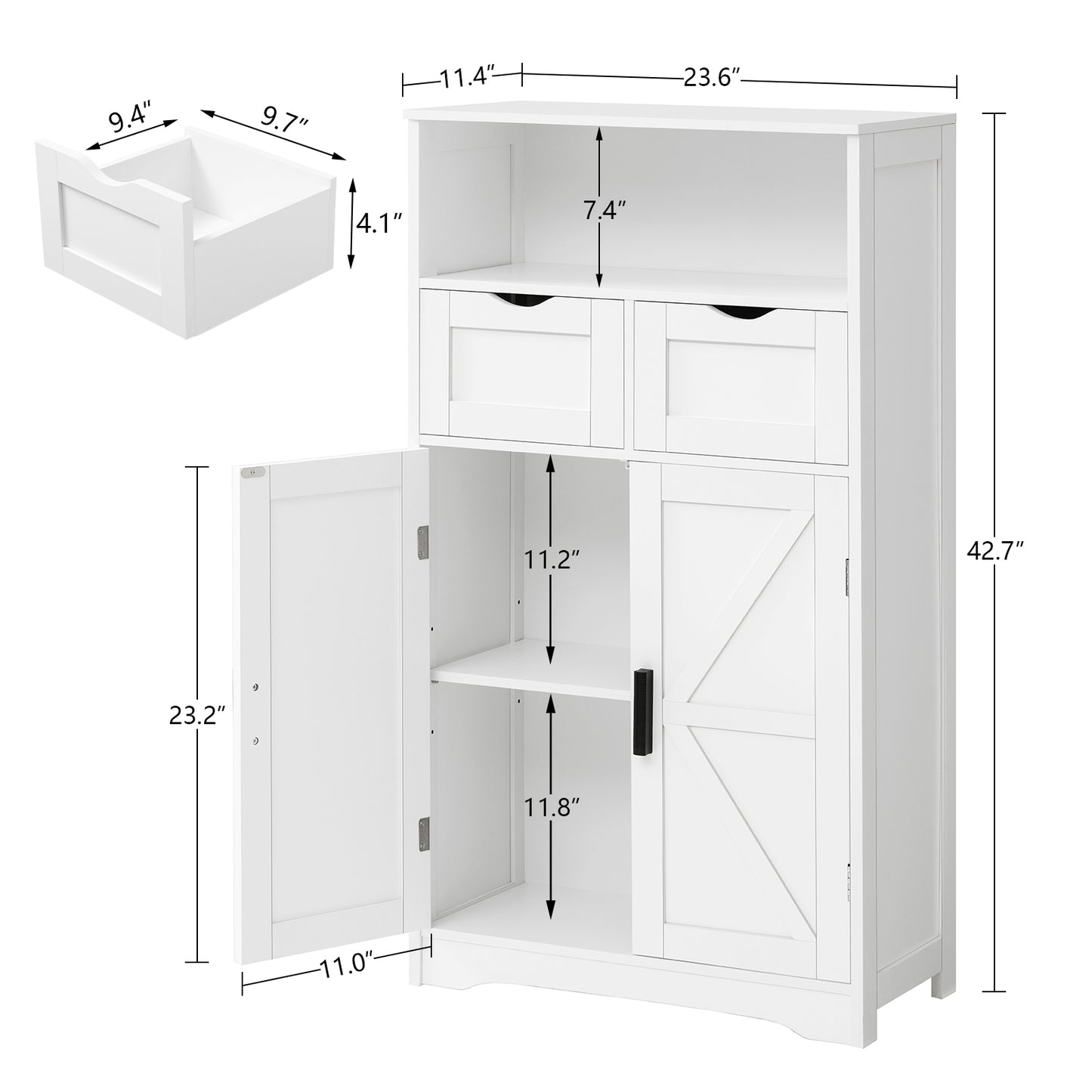 USIKEY Farmhouse Storage Cabinets, Kitchen Storage Cabinet with 2 Adjustable Drawers & Shelf, Floor Cabinet, for Living Room, Home Office, Kitchen