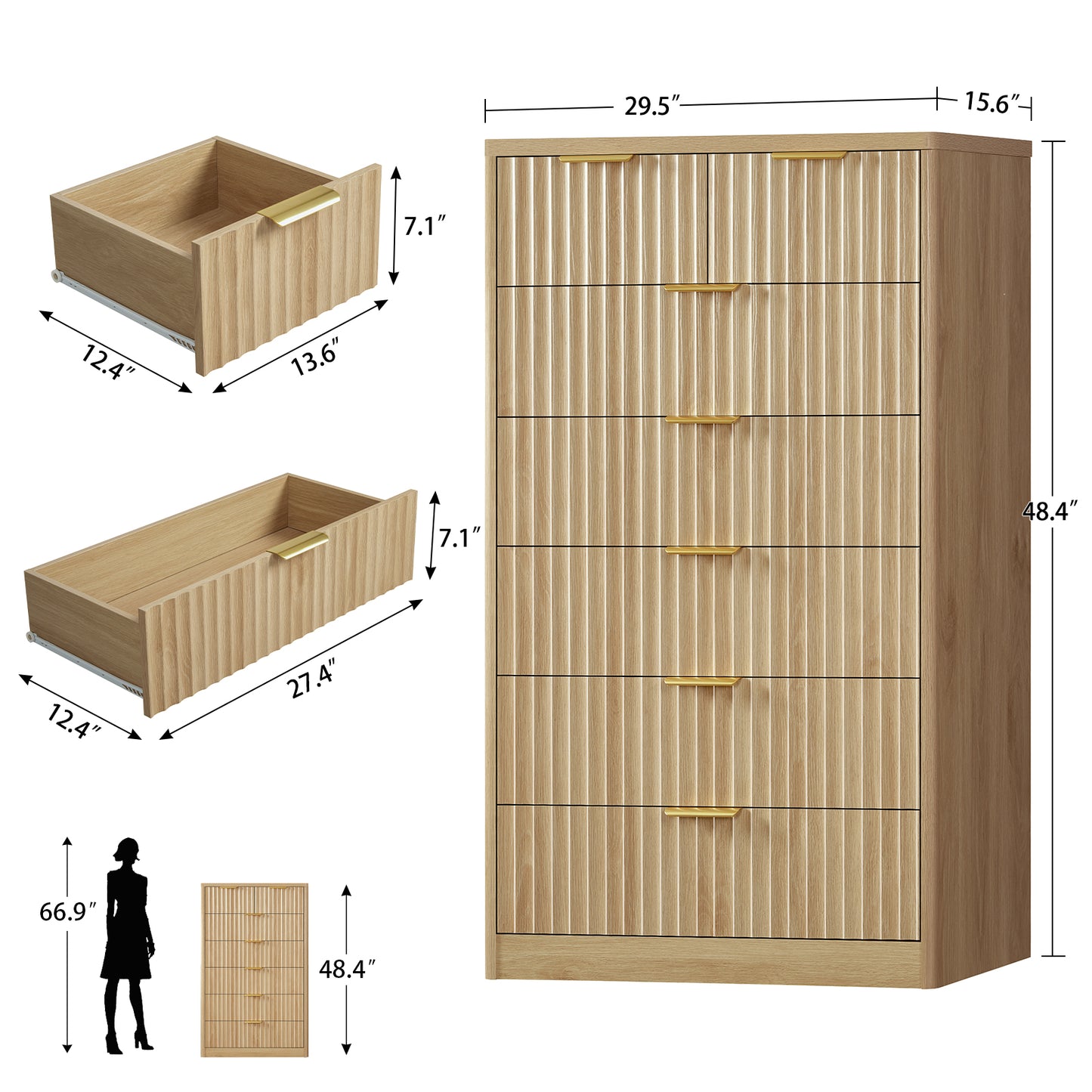 Usikey Fluted 6 Drawers Dresser for Bedroom, 48" H Modern Chest of Drawers with Metal Handle,  Wood Closet Organizer Wood Dressers for Living Room