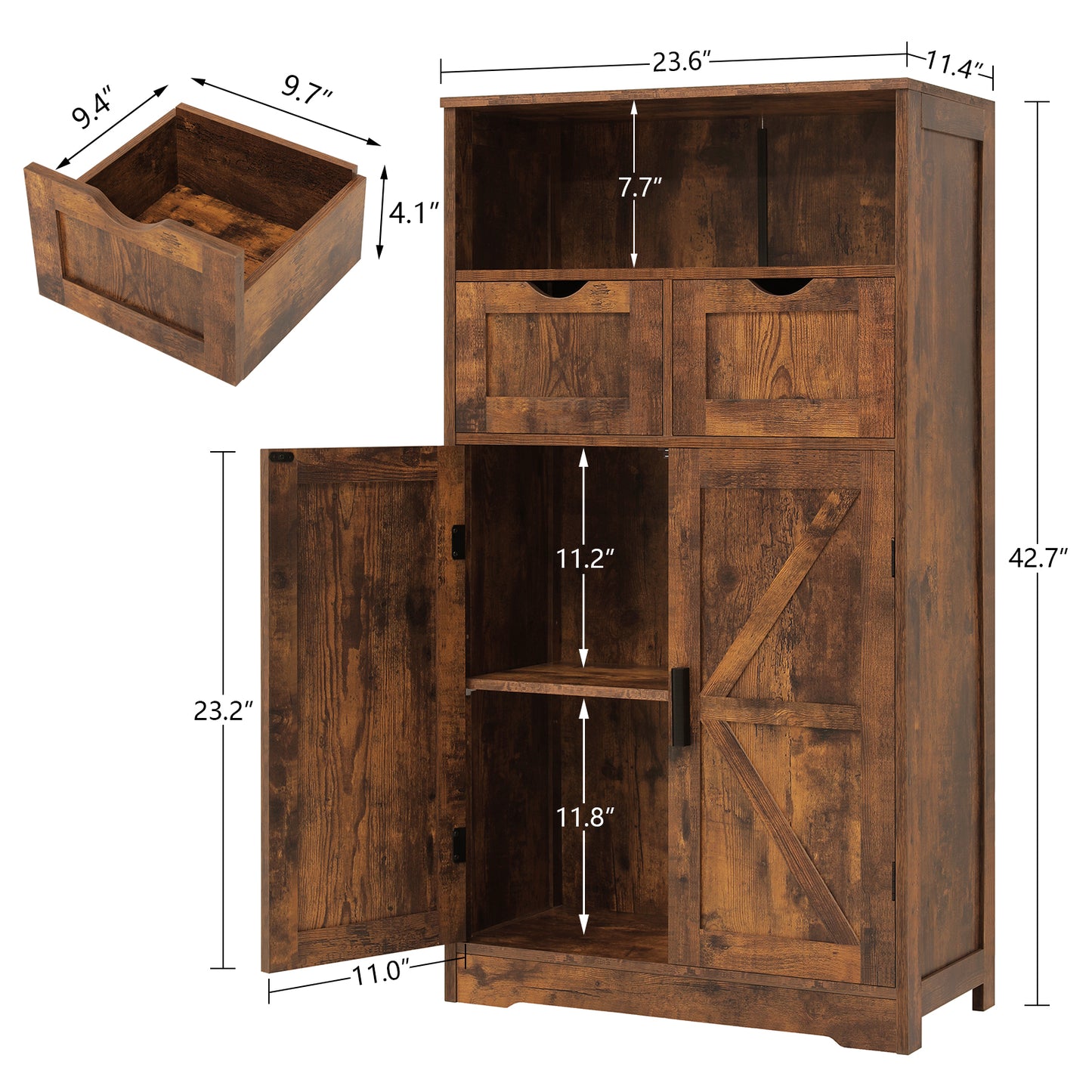 Bathroom Cabinet, Storage Cabinet with 2 Adjustable Drawers & 2 Barn Doors, Standing Cupboard with 2 Shelf, Floor Cabinet for Living Room, Home Office, Kitchen