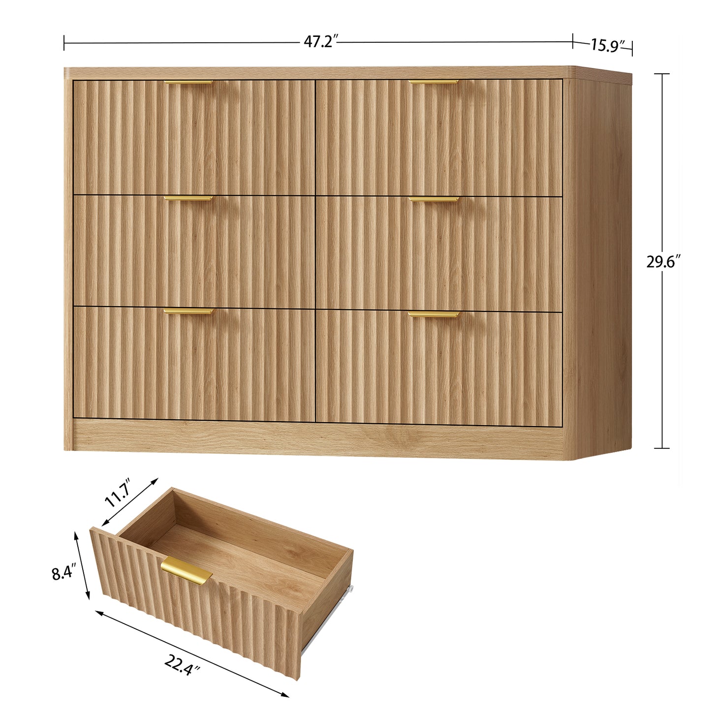 USIKEY 47.3''Wide Fluted 6 Drawer Dresser for Bedroom,  Modern Chest of Drawers, Wood Closet Clothes Organizer for Bedroom, Hallway, Natural