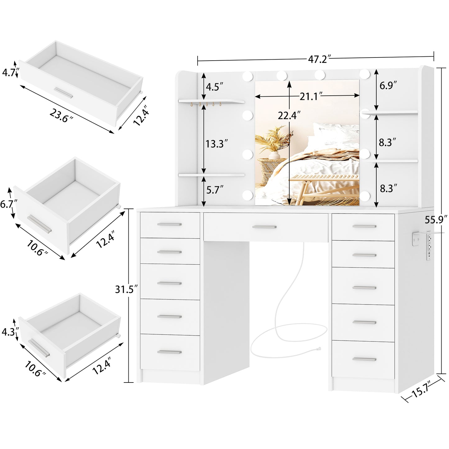 USIKEY Vanity Desk with Mirror and Lights, Power Outlet, Makeup Vanity with 11 Drawers & 6 Open Storage Shelves, 3 Lighting Modes Brightness Adjustable, White